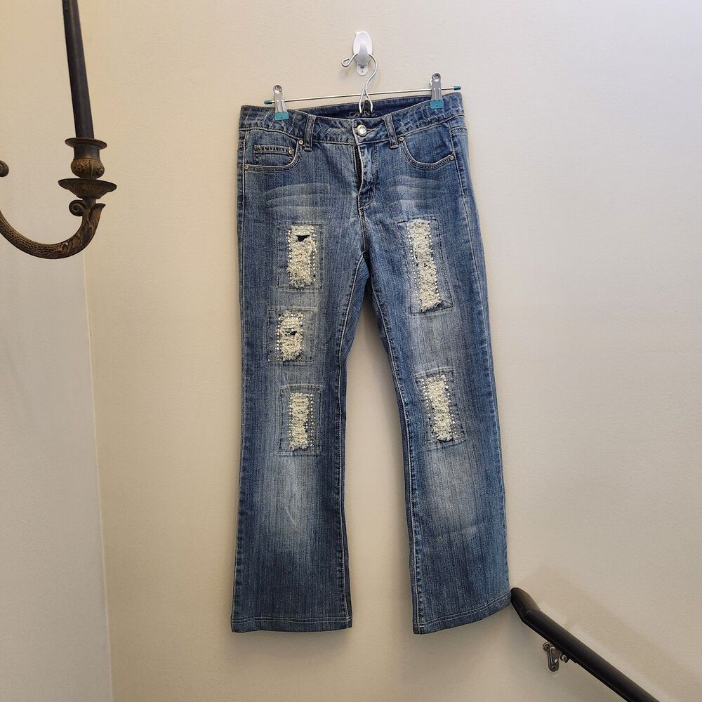 Vtg Y2K/2000s Cache Rhinestone Distressed Embellished Low Rise Jean Sz 4 Bootcut